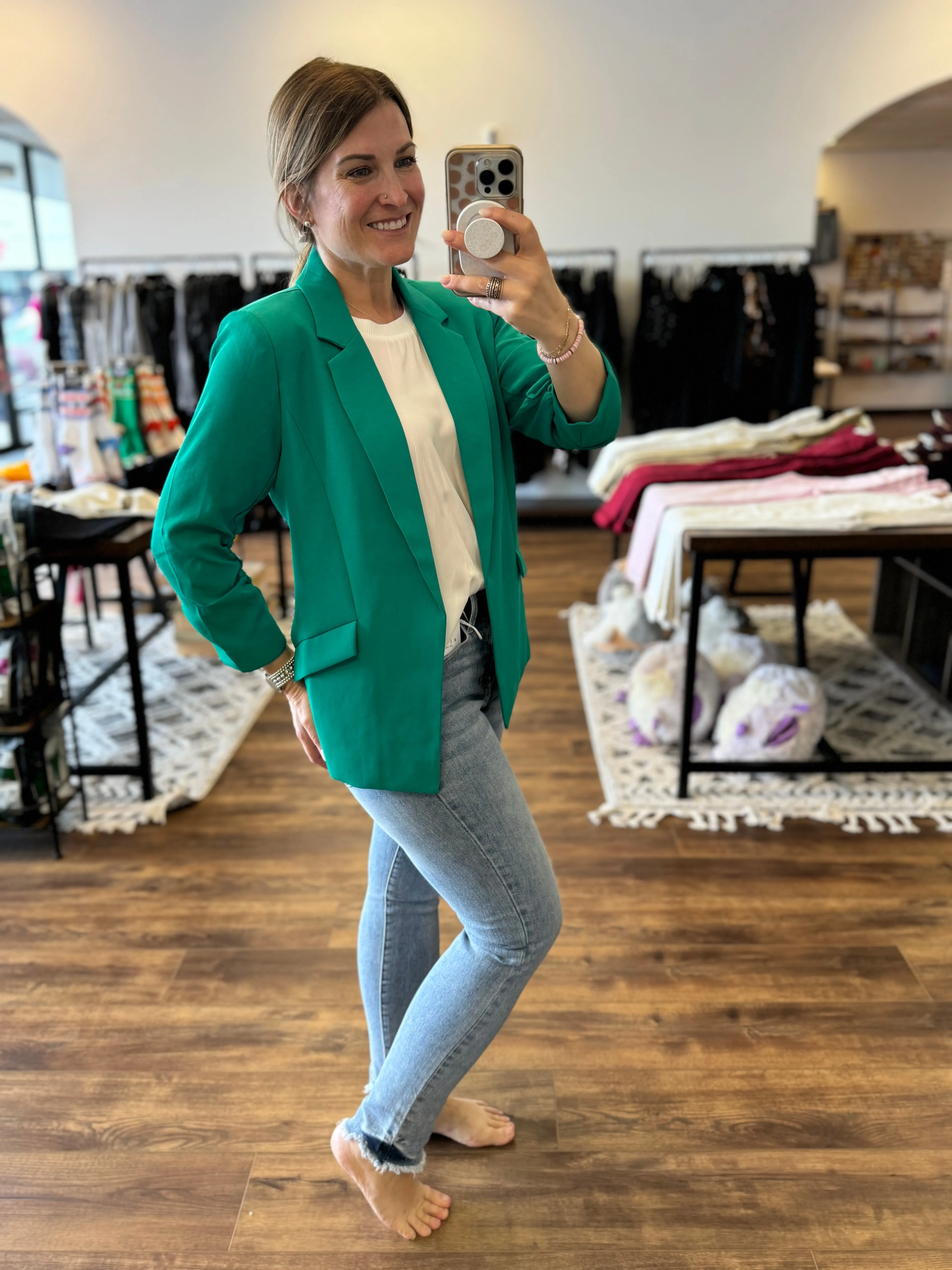 Eco-Friendly Recycled Poly Shirred Sleeve Blazer - Jade