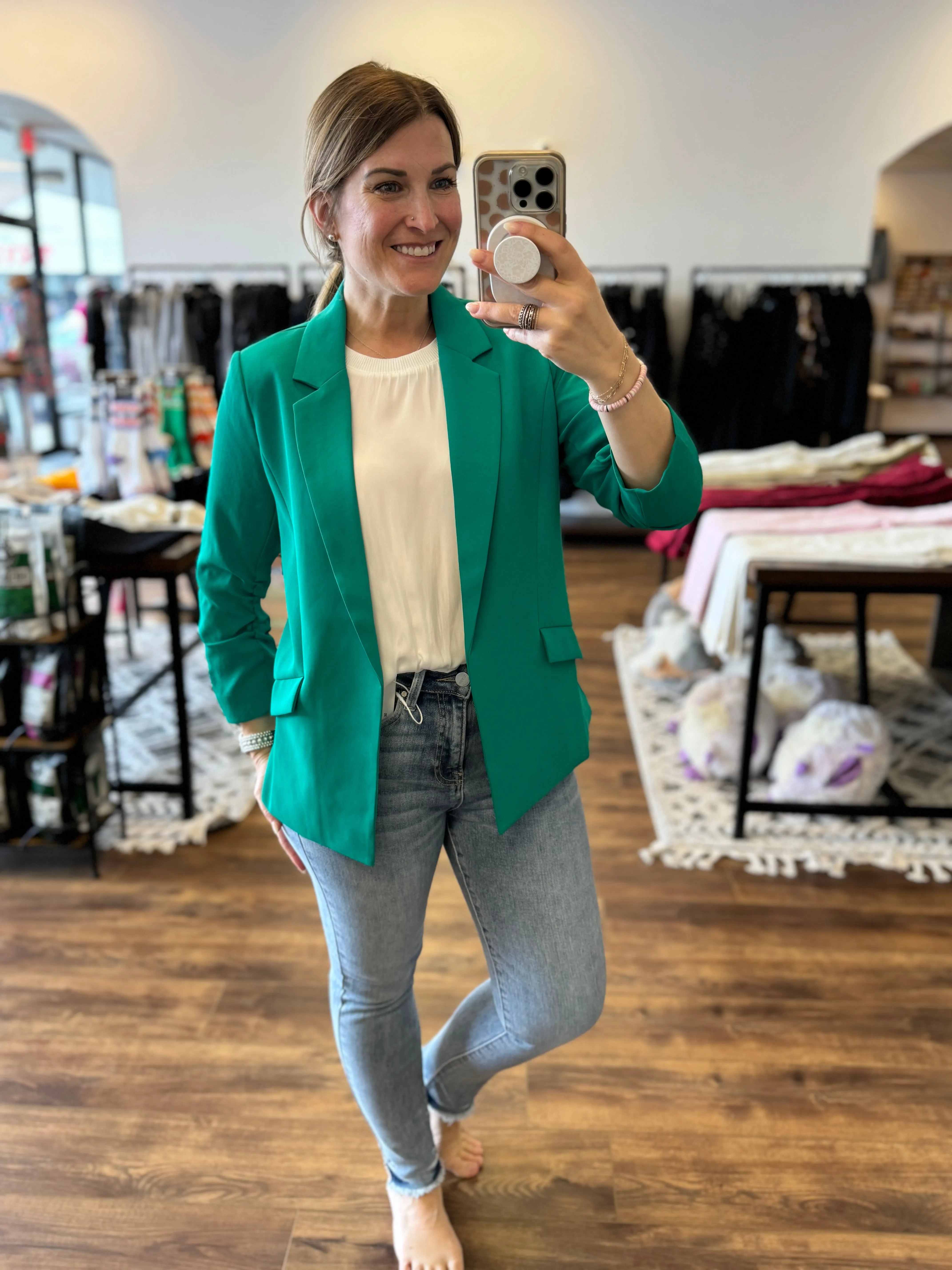 Eco-Friendly Recycled Poly Shirred Sleeve Blazer - Jade