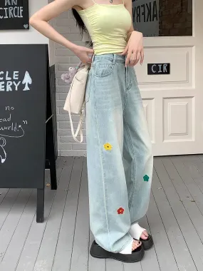 Embroidered Flower Retro High Waist Wide-leg Jeans