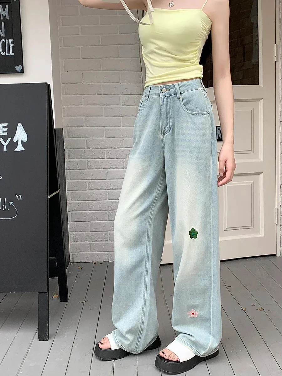 Embroidered Flower Retro High Waist Wide-leg Jeans