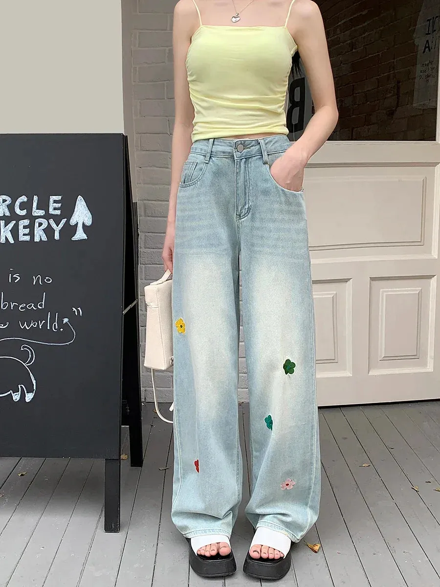 Embroidered Flower Retro High Waist Wide-leg Jeans