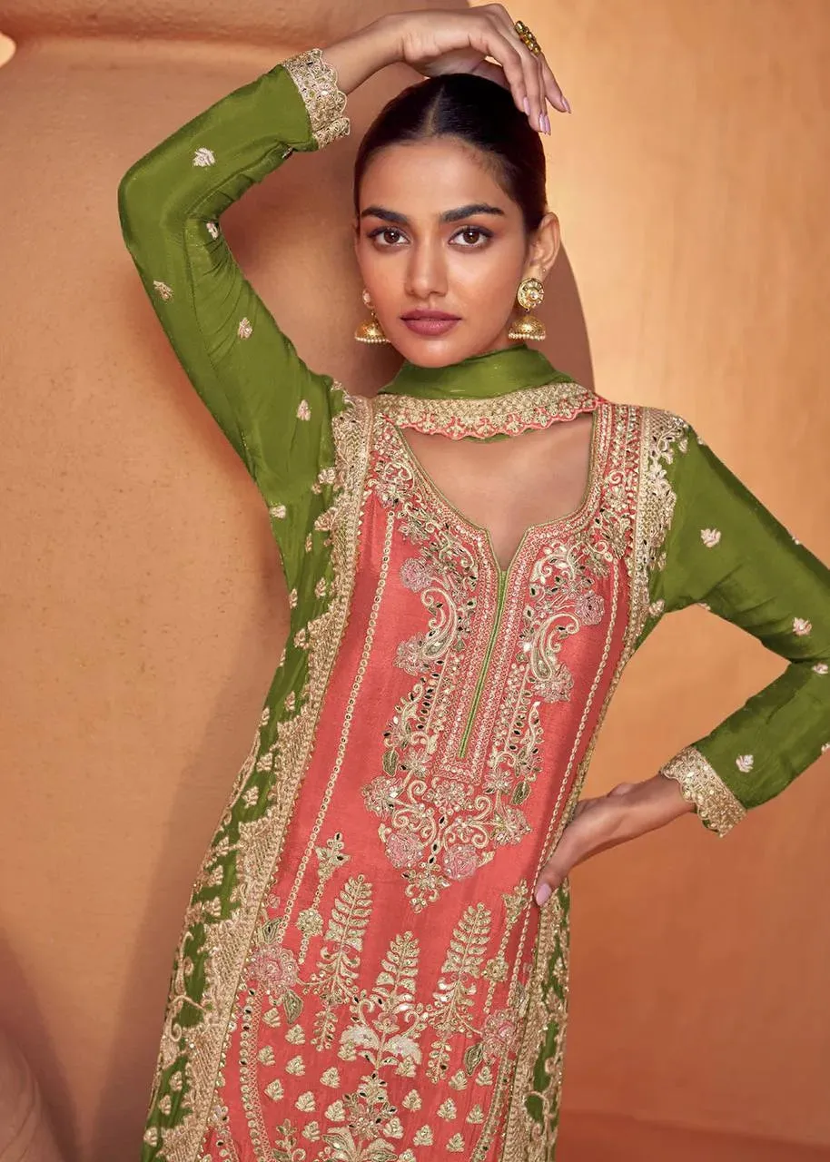 Exquisite Olive and Peach Chinon Embroidered Palazzo Suit