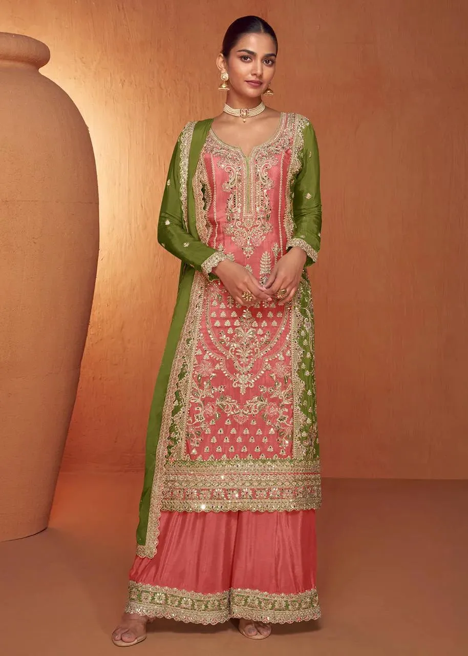 Exquisite Olive and Peach Chinon Embroidered Palazzo Suit