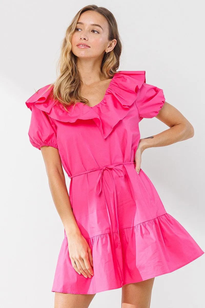 Fuchsia Ruffle Puff Sleeve Short Prairie Dress