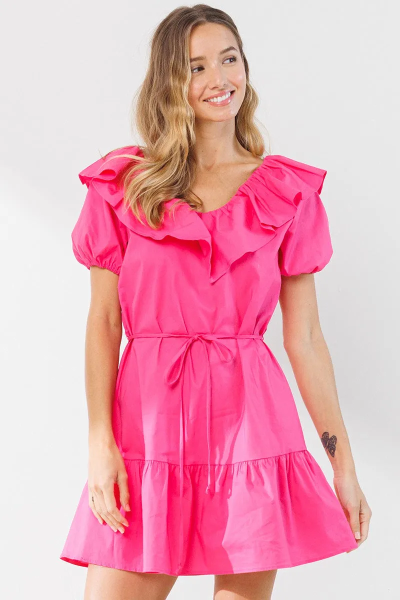 Fuchsia Ruffle Puff Sleeve Short Prairie Dress