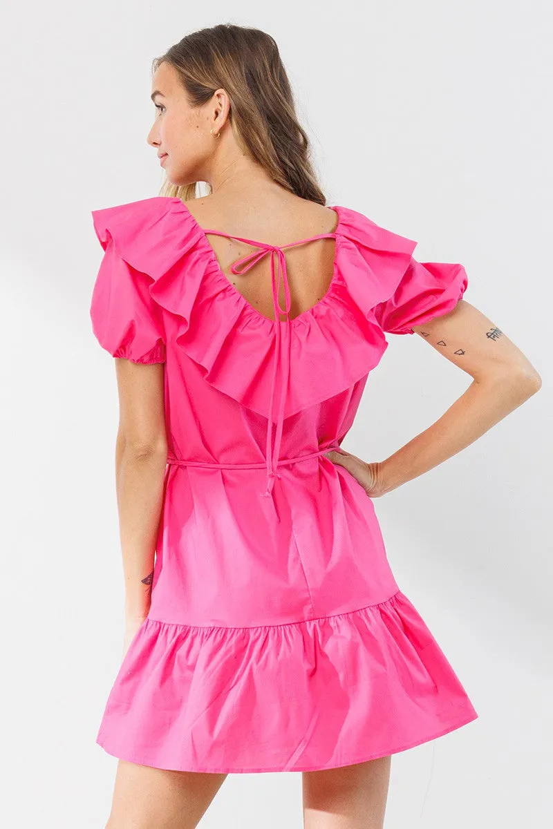 Fuchsia Ruffle Puff Sleeve Short Prairie Dress