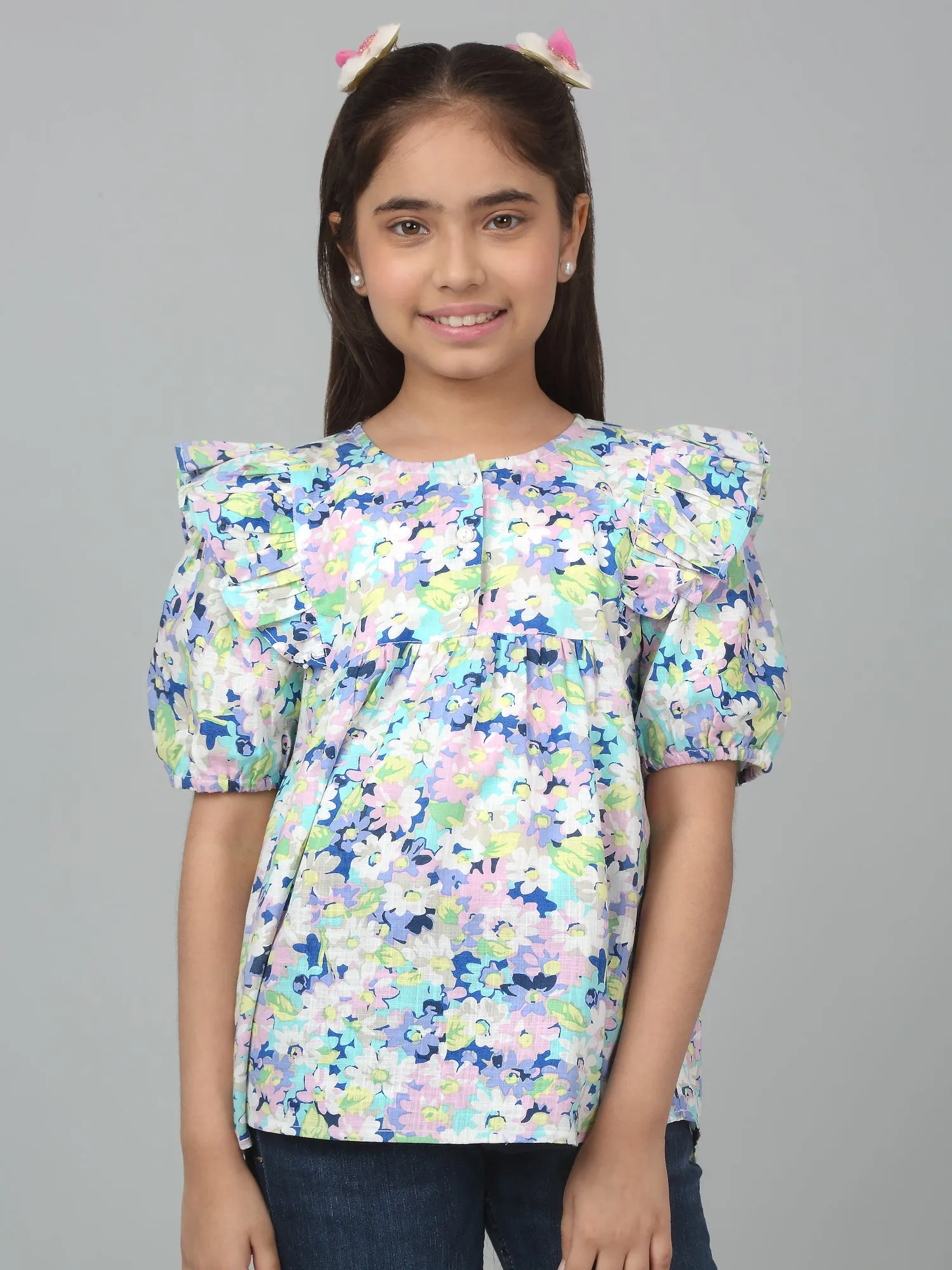 Girls Casual Multi colored  Puffed Half Sleeves  Top