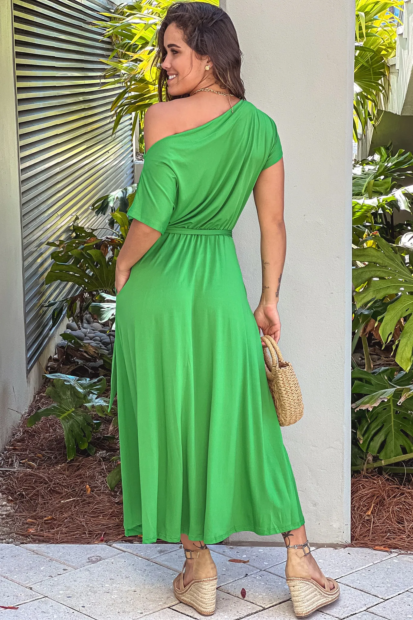 Green One Shoulder Midi Dress With Tie Waist