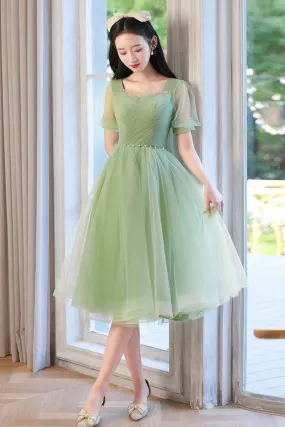 Green Tulle Short Sleeves Prom Dresses with Belt, Short Green Formal Graduation Evening Dresses, Green Homecoming Dresses WT1360