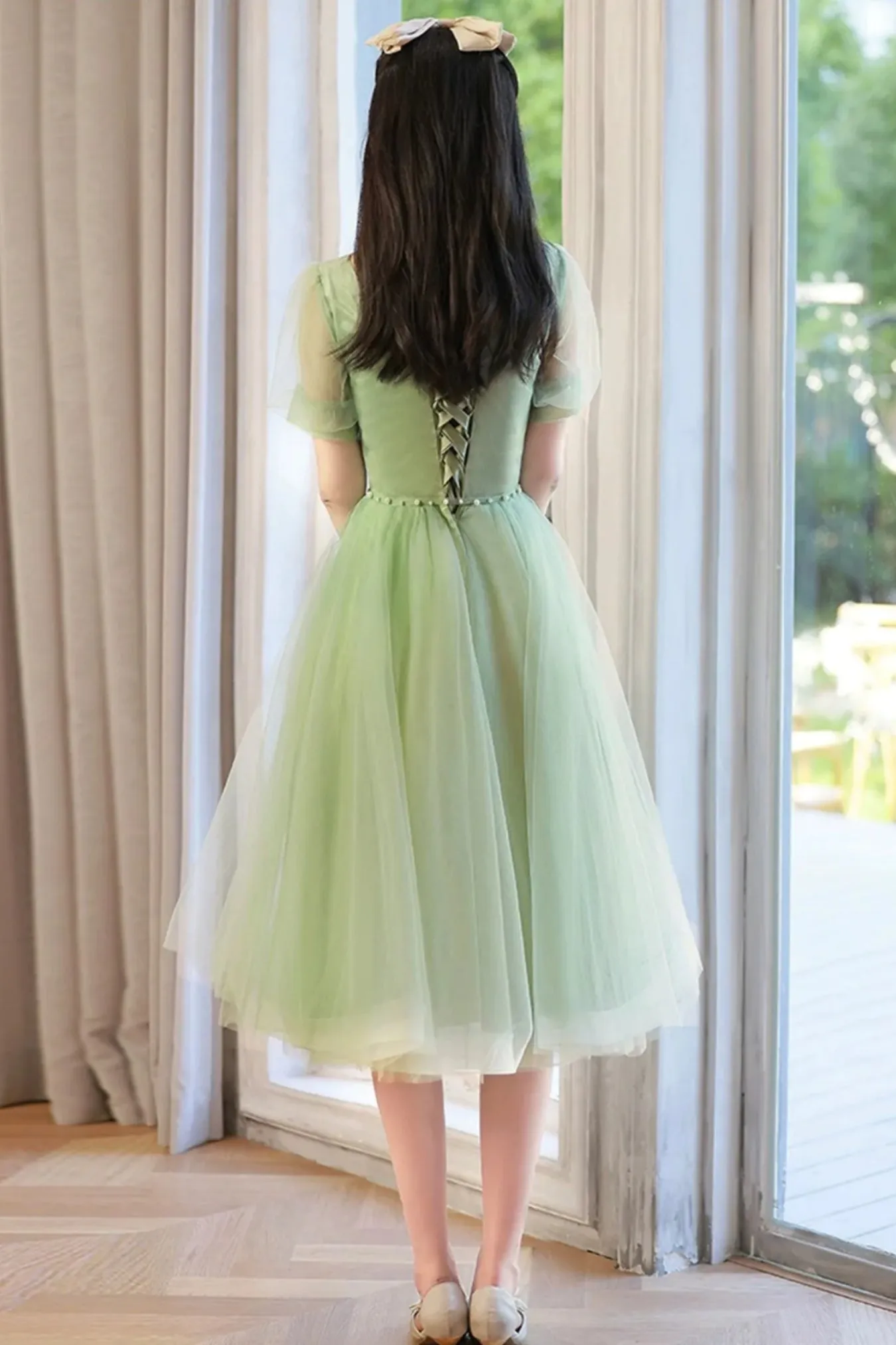 Green Tulle Short Sleeves Prom Dresses with Belt, Short Green Formal Graduation Evening Dresses, Green Homecoming Dresses WT1360