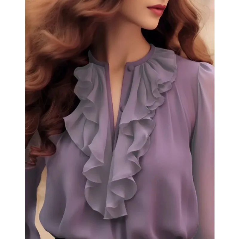 Hnzxzm Women Korean Fashion Ruffles Sweet Fairy Blouses Office Lady Business Casual Purple Shirts Casual V Neck 3/4 Sleeve Loose Tops