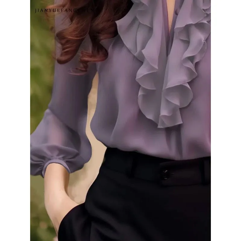 Hnzxzm Women Korean Fashion Ruffles Sweet Fairy Blouses Office Lady Business Casual Purple Shirts Casual V Neck 3/4 Sleeve Loose Tops