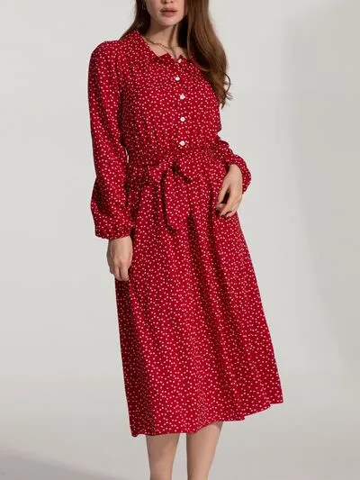 IZURIA Printed Tie Waist Midi Shirt Dress