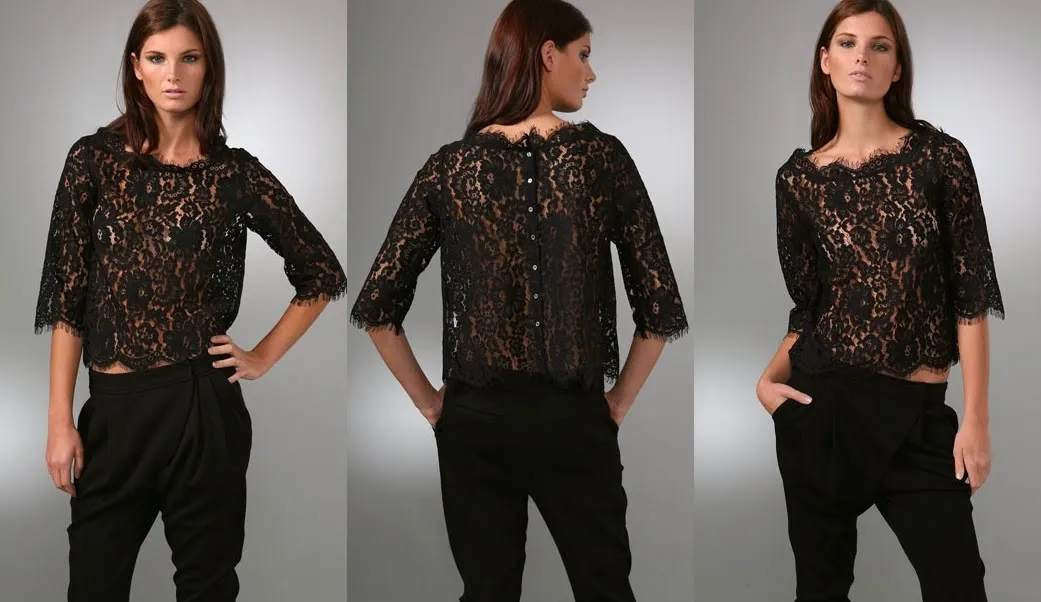 Joie - Black Lace Button Up 3/4 Sleeve Blouse -