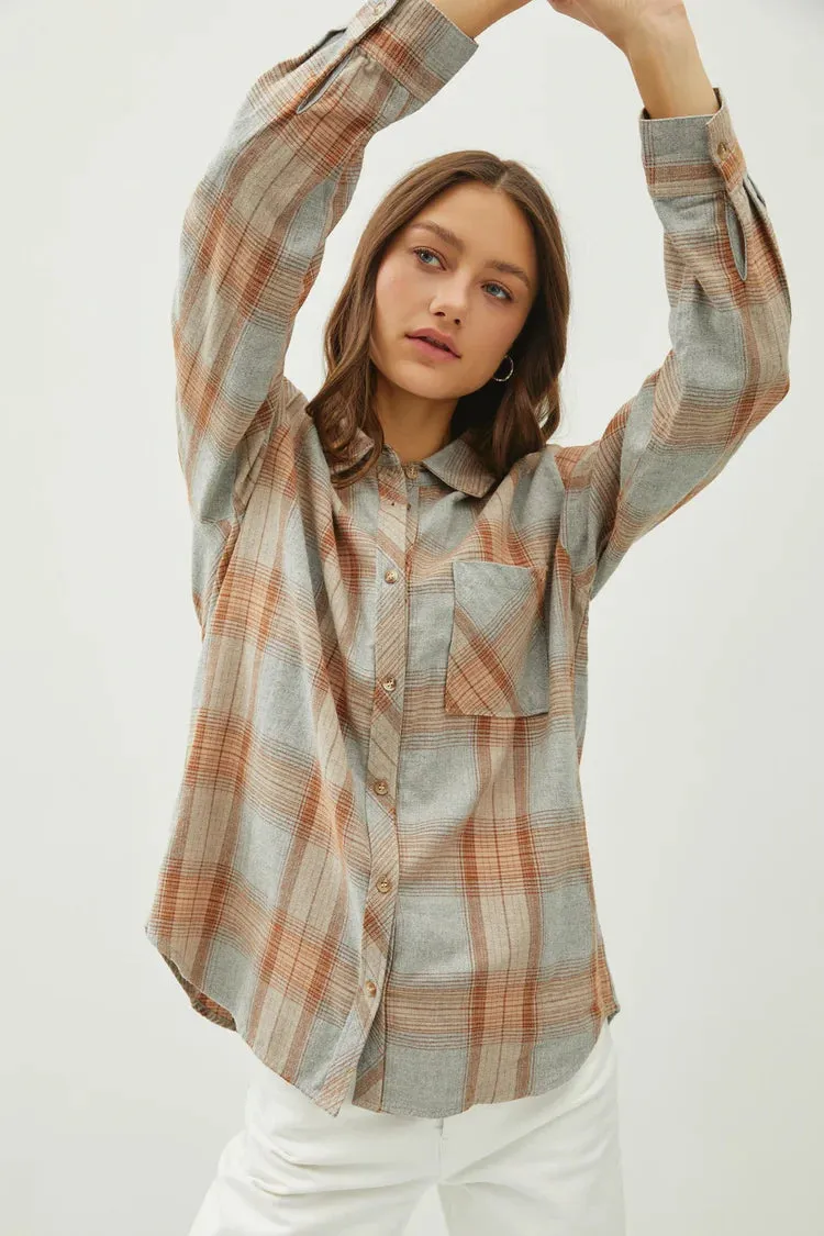 Juliette Oversize Flannel Long Sleeve Top Caramel