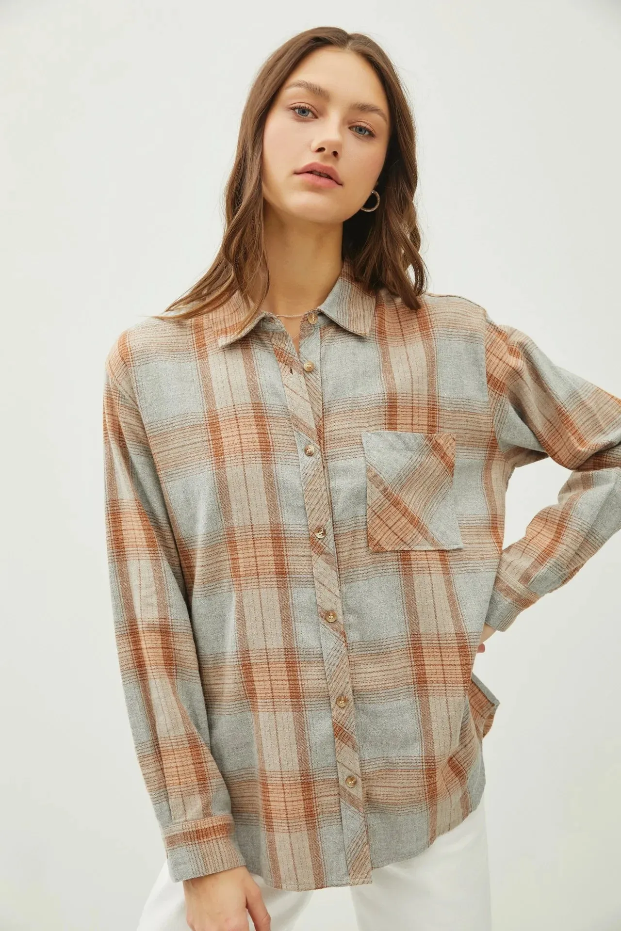 Juliette Oversize Flannel Long Sleeve Top Caramel