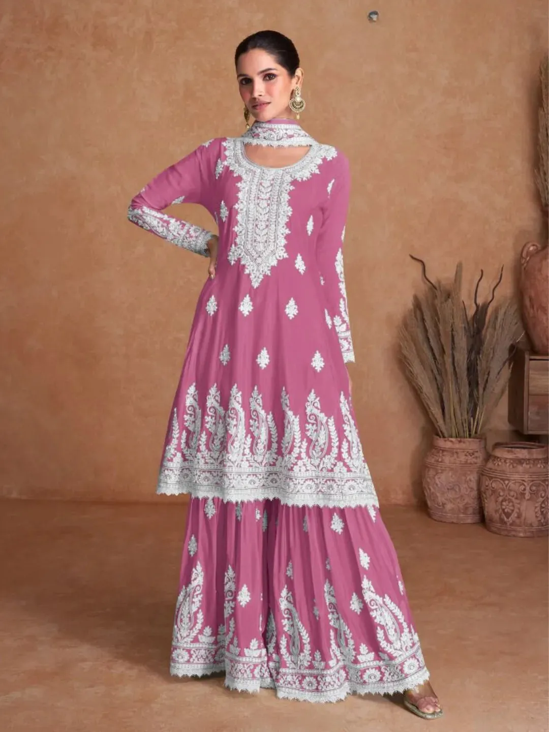 Luxurious Pure Chinon Embroidered Festive Wear Palazzo Suit