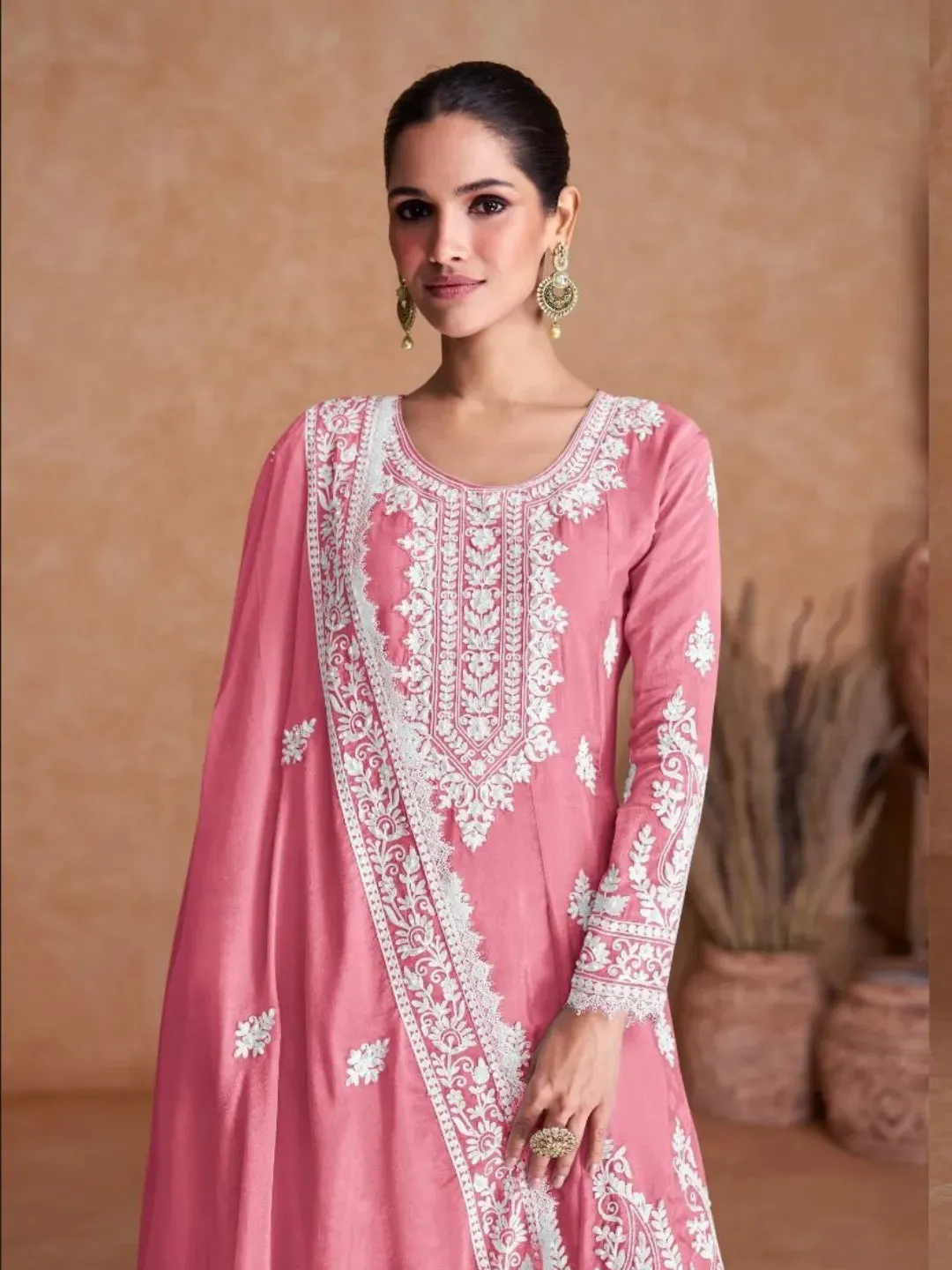 Luxurious Pure Chinon Embroidered Festive Wear Palazzo Suit