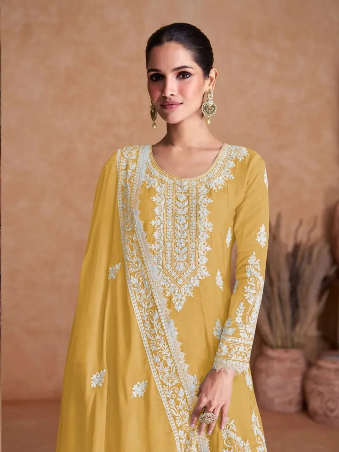 Luxurious Pure Chinon Embroidered Festive Wear Palazzo Suit