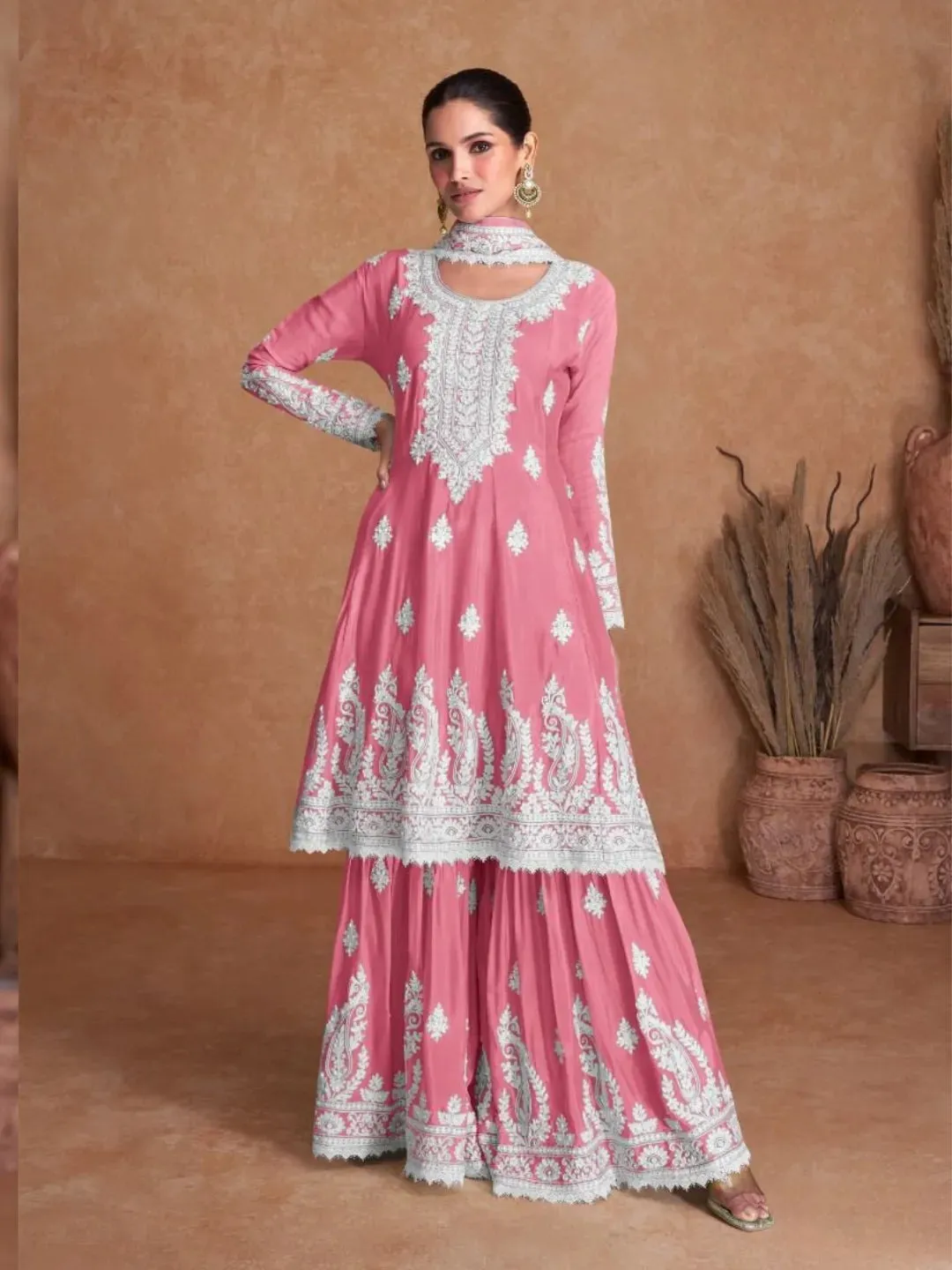 Luxurious Pure Chinon Embroidered Festive Wear Palazzo Suit