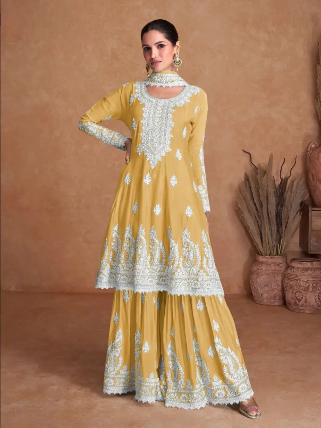 Luxurious Pure Chinon Embroidered Festive Wear Palazzo Suit