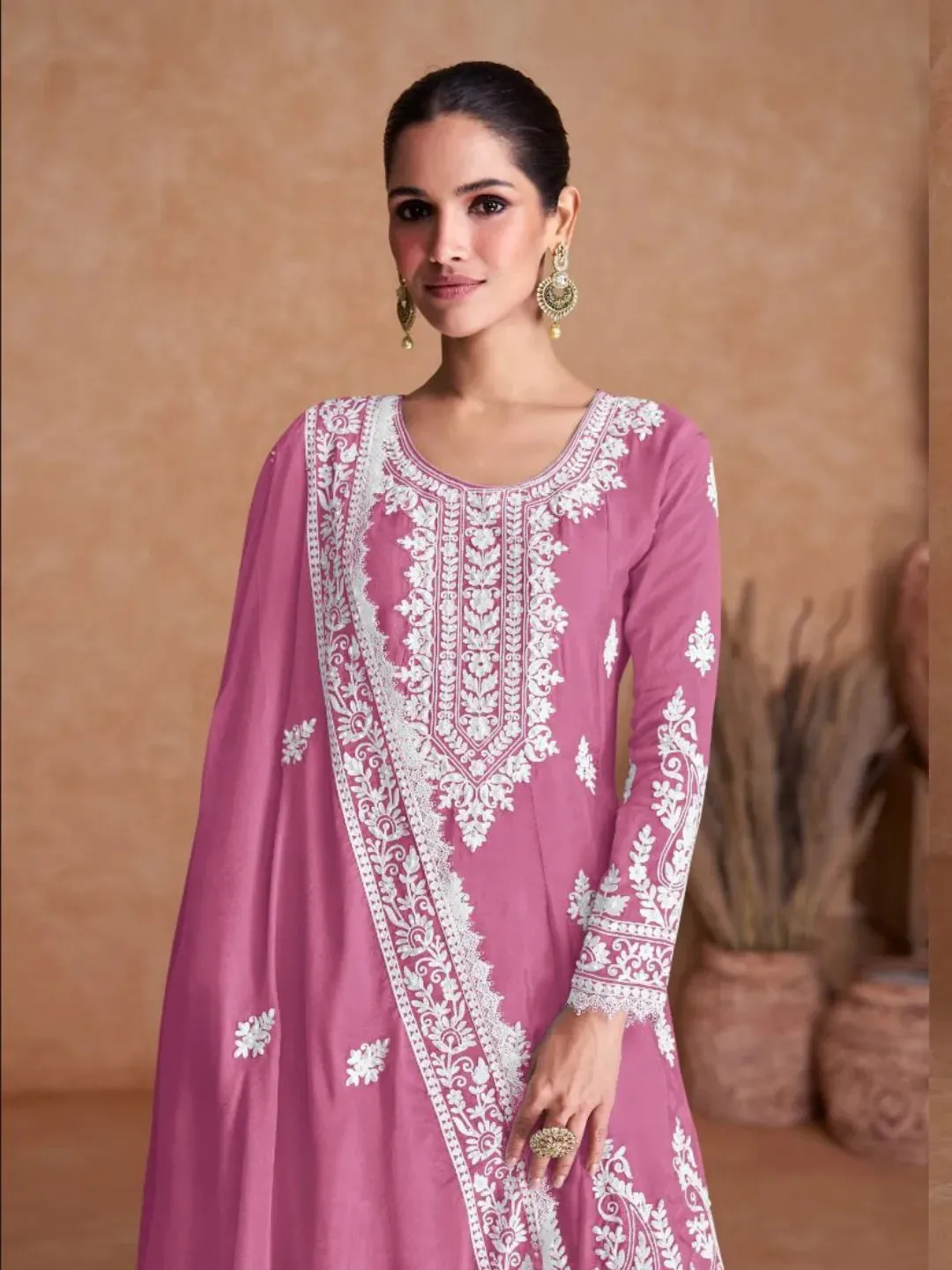 Luxurious Pure Chinon Embroidered Festive Wear Palazzo Suit