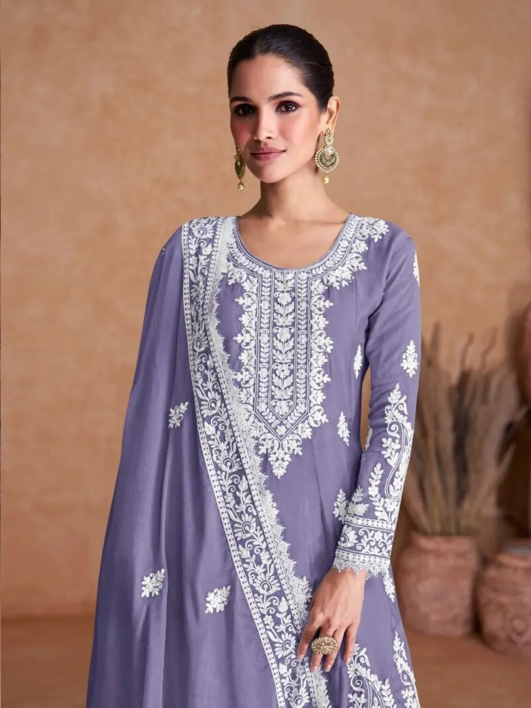 Luxurious Pure Chinon Embroidered Festive Wear Palazzo Suit