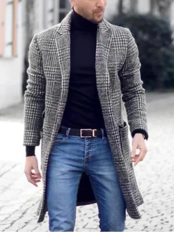 Men's Notch Lapel Mid-Length Jacket | Houndstooth Woolen Coat