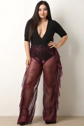 Metallic Mesh Confetti Ruffle Side Palazzo Pants