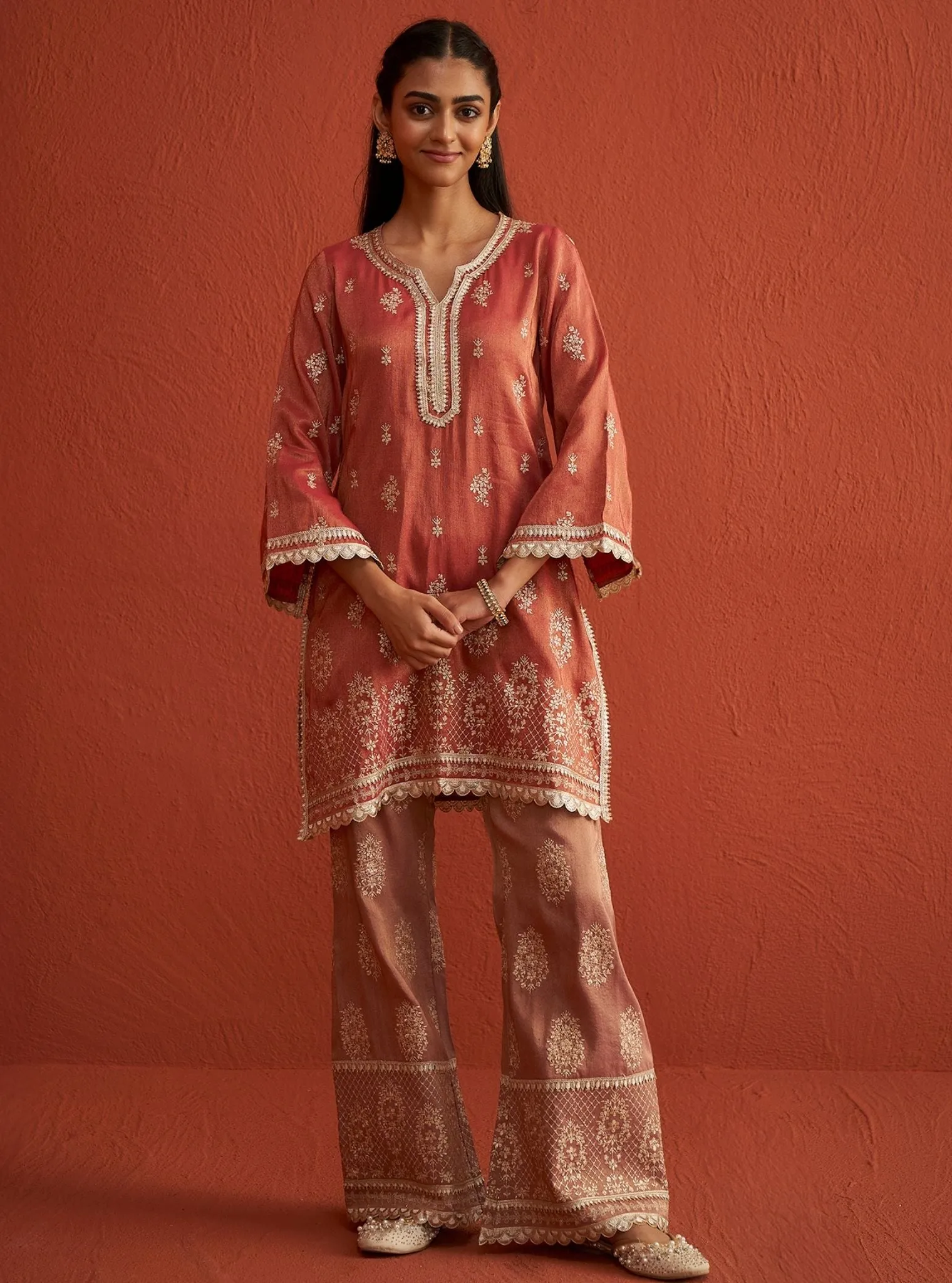 Mulmul Luxe Tissue Vaari Red Kurta With Mulmul Luxe Tissue Vaari Red Pant