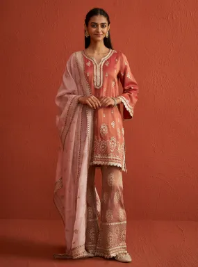 Mulmul Luxe Tissue Vaari Red Kurta With Mulmul Luxe Tissue Vaari Red Pant