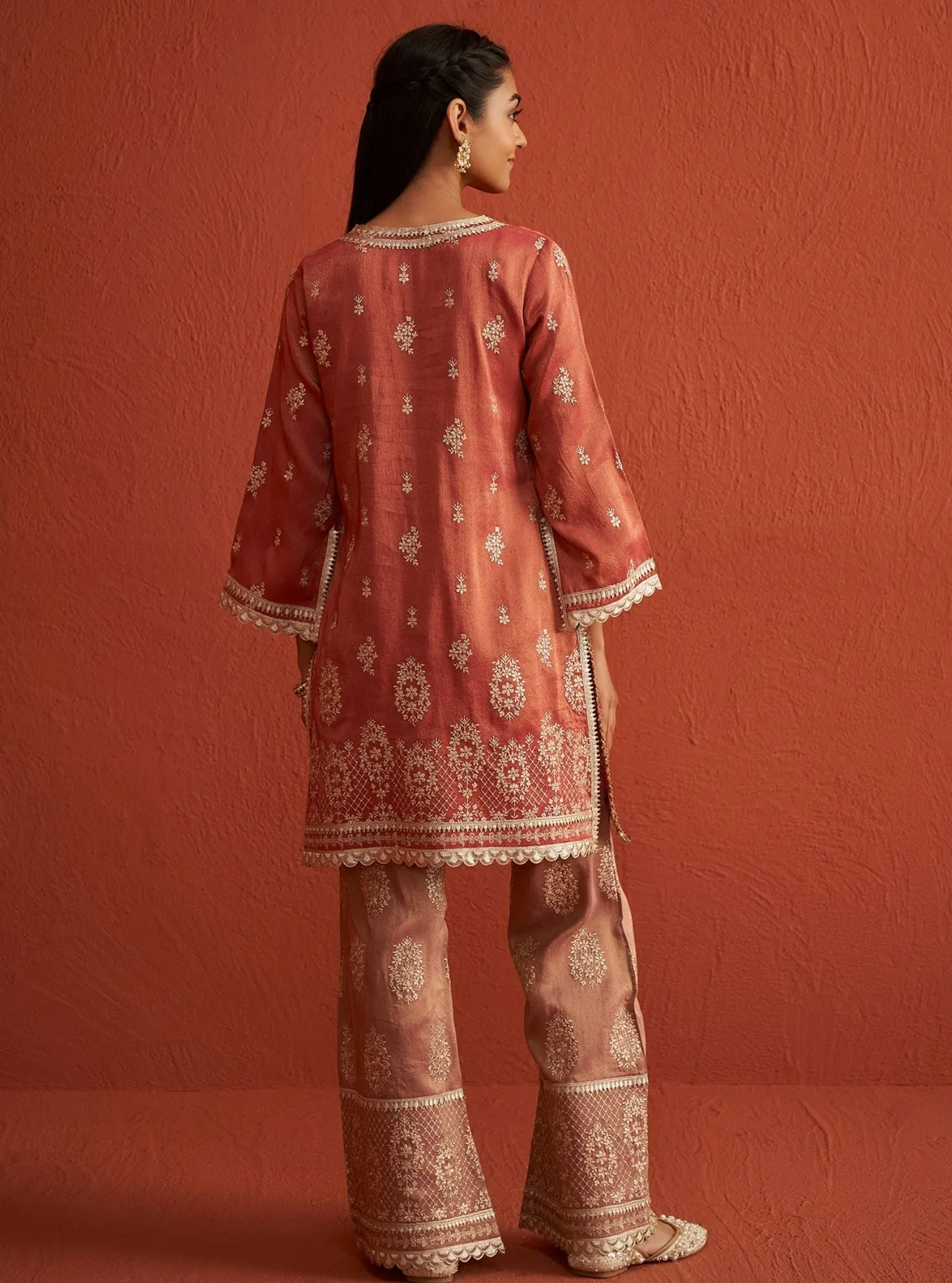 Mulmul Luxe Tissue Vaari Red Kurta With Mulmul Luxe Tissue Vaari Red Pant