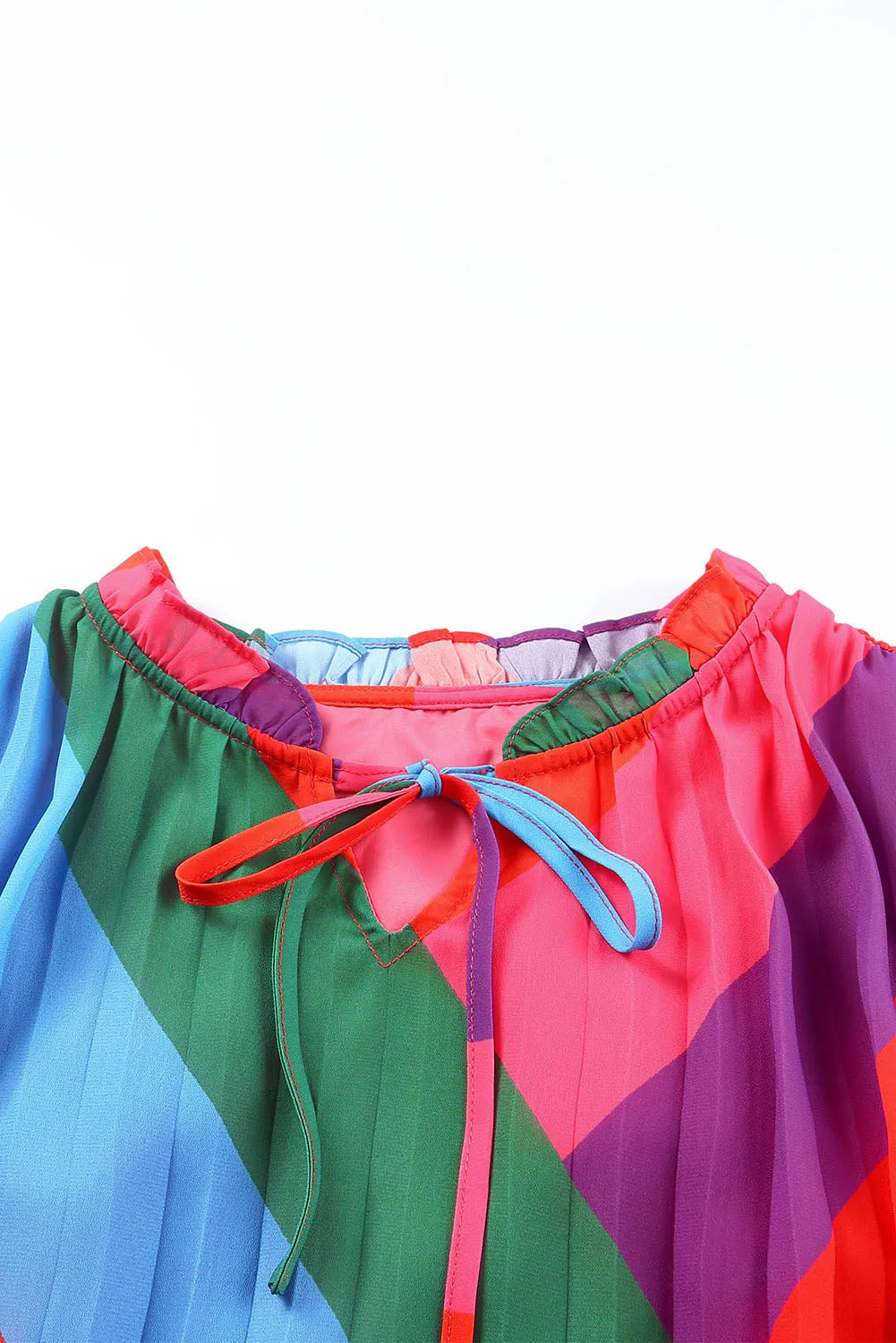 Multicolored Tie-Waist Pleated Balloon Sleeve Dress