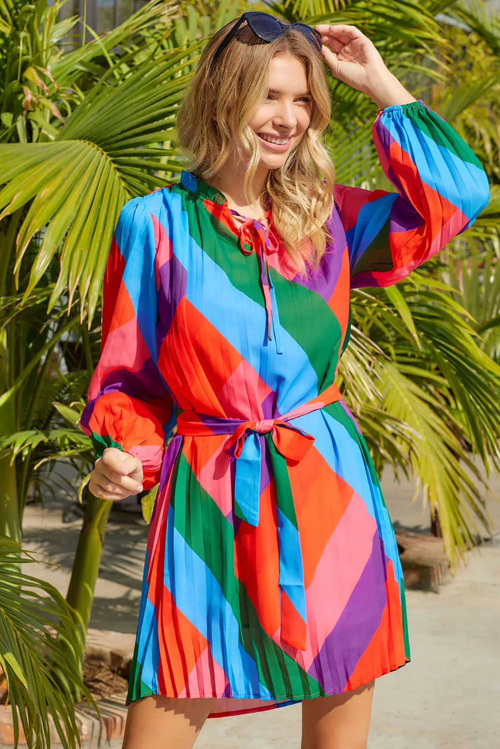 Multicolored Tie-Waist Pleated Balloon Sleeve Dress