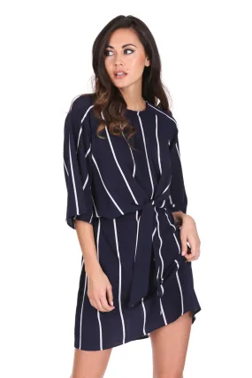 Navy Striped Tie Waist Mini Dress