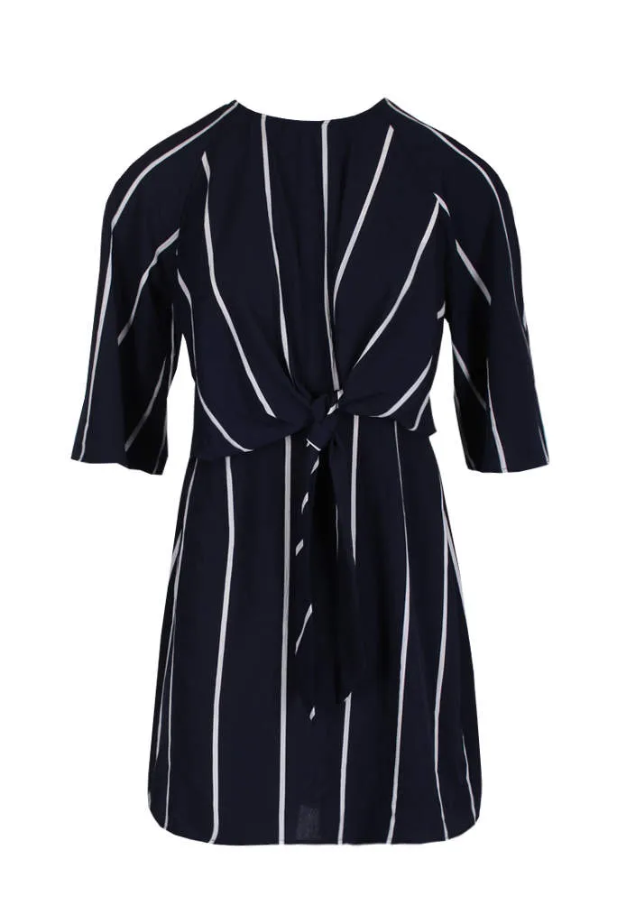 Navy Striped Tie Waist Mini Dress