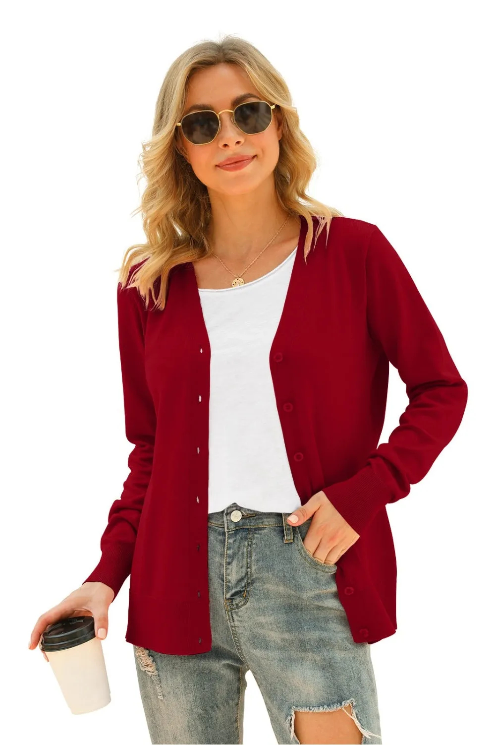 NicholesGifts Women Button Up V-Neck Long Sleeve Cardigan