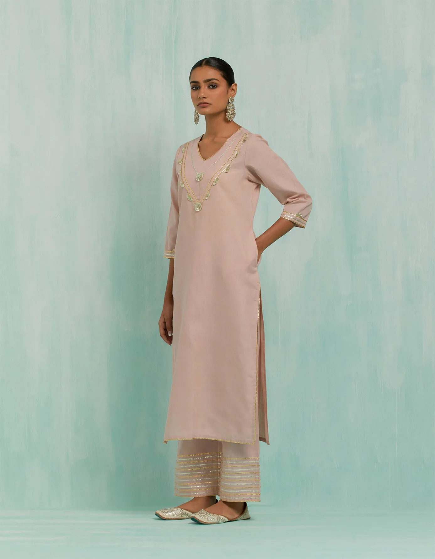 Pale Pink Mira Straight Kurta And Palazzo With Gold Silver Gota Details (Set Of 2)