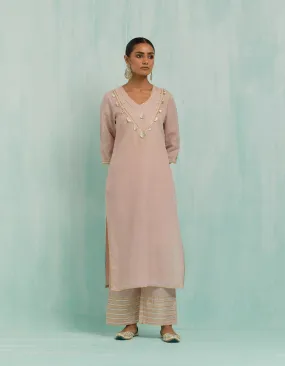 Pale Pink Mira Straight Kurta And Palazzo With Gold Silver Gota Details (Set Of 2)