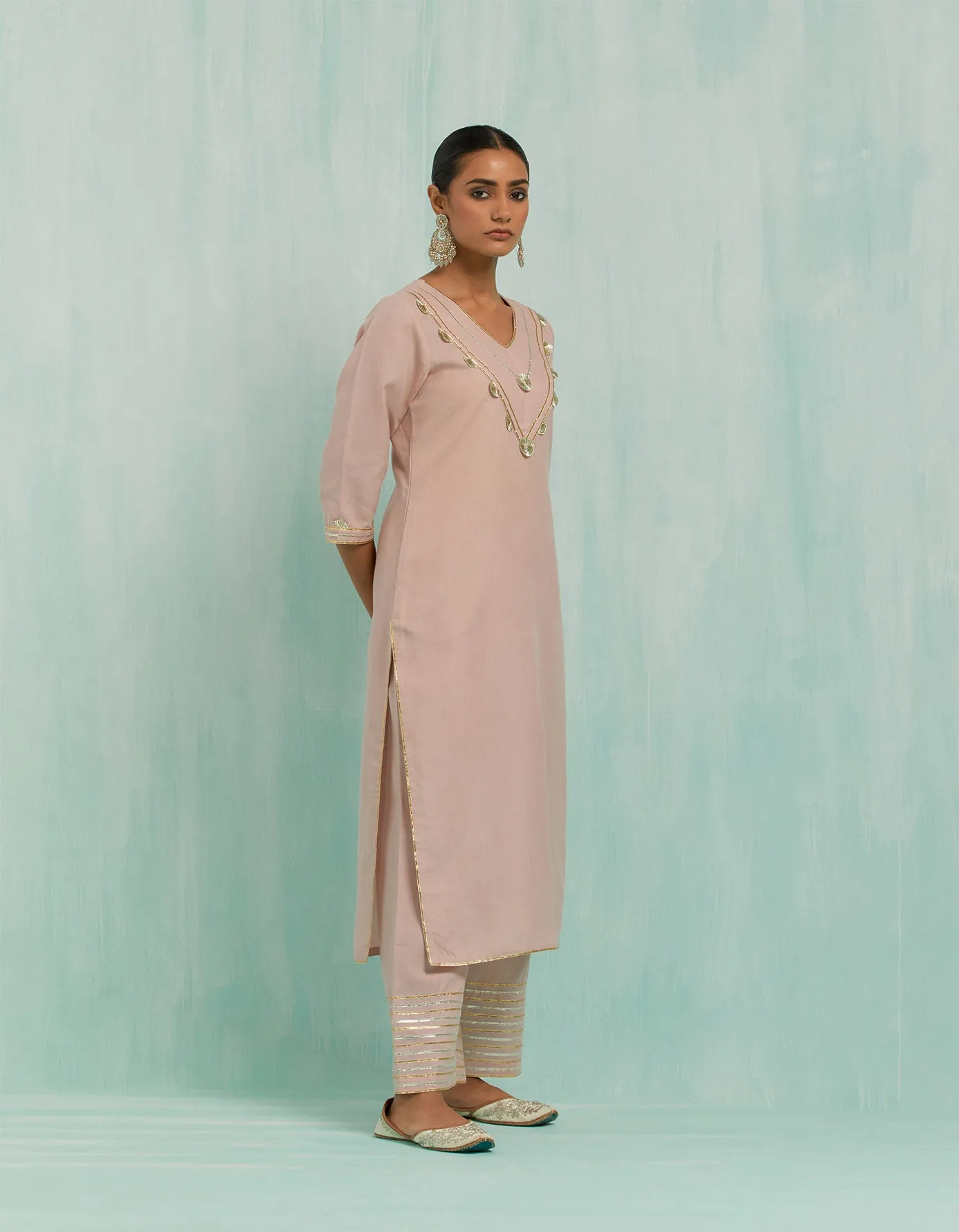 Pale Pink Mira Straight Kurta And Palazzo With Gold Silver Gota Details (Set Of 2)