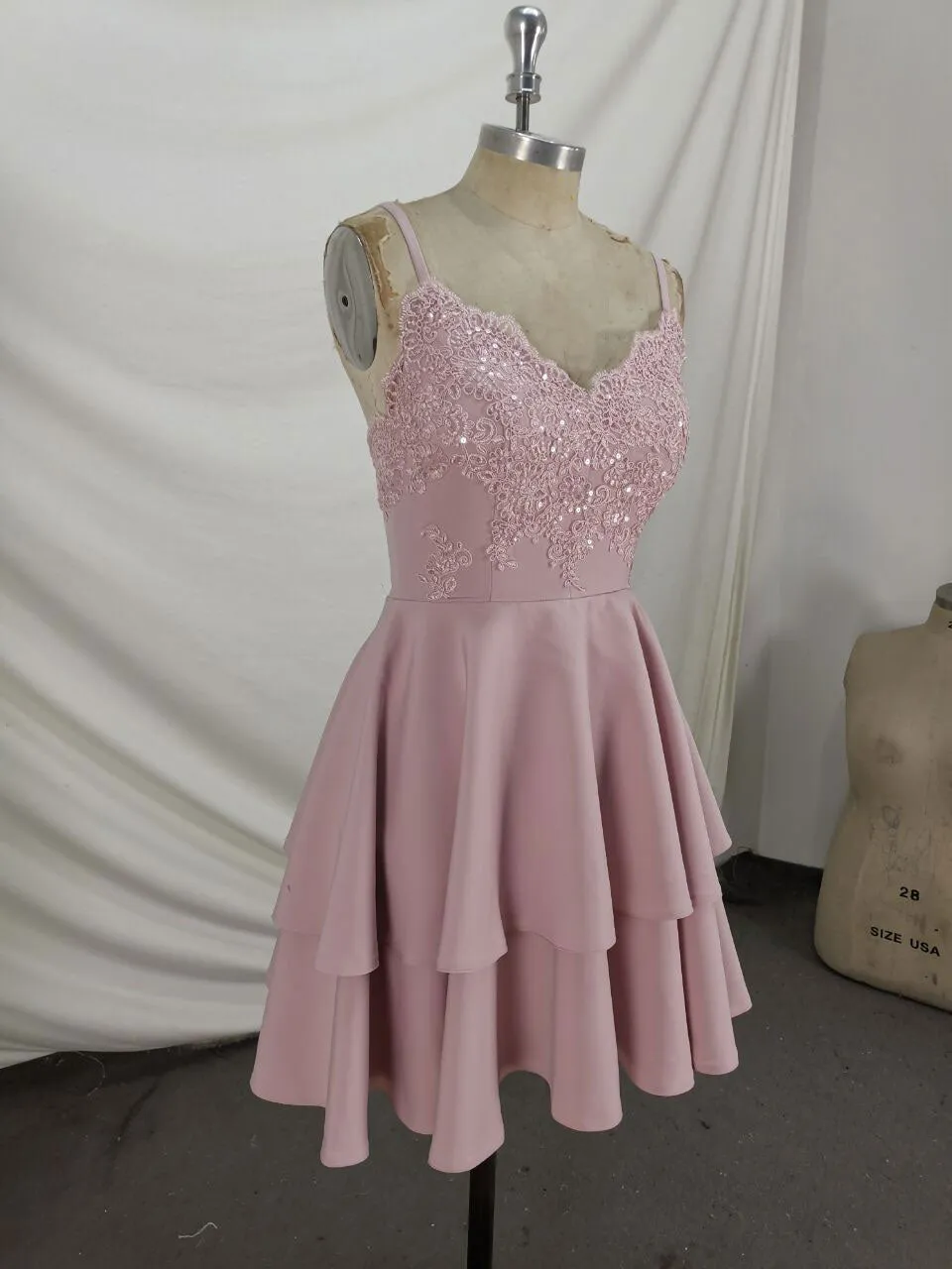 Pink Lace Satin Lace Short Prom Dress, Pink Homecoming Dresses