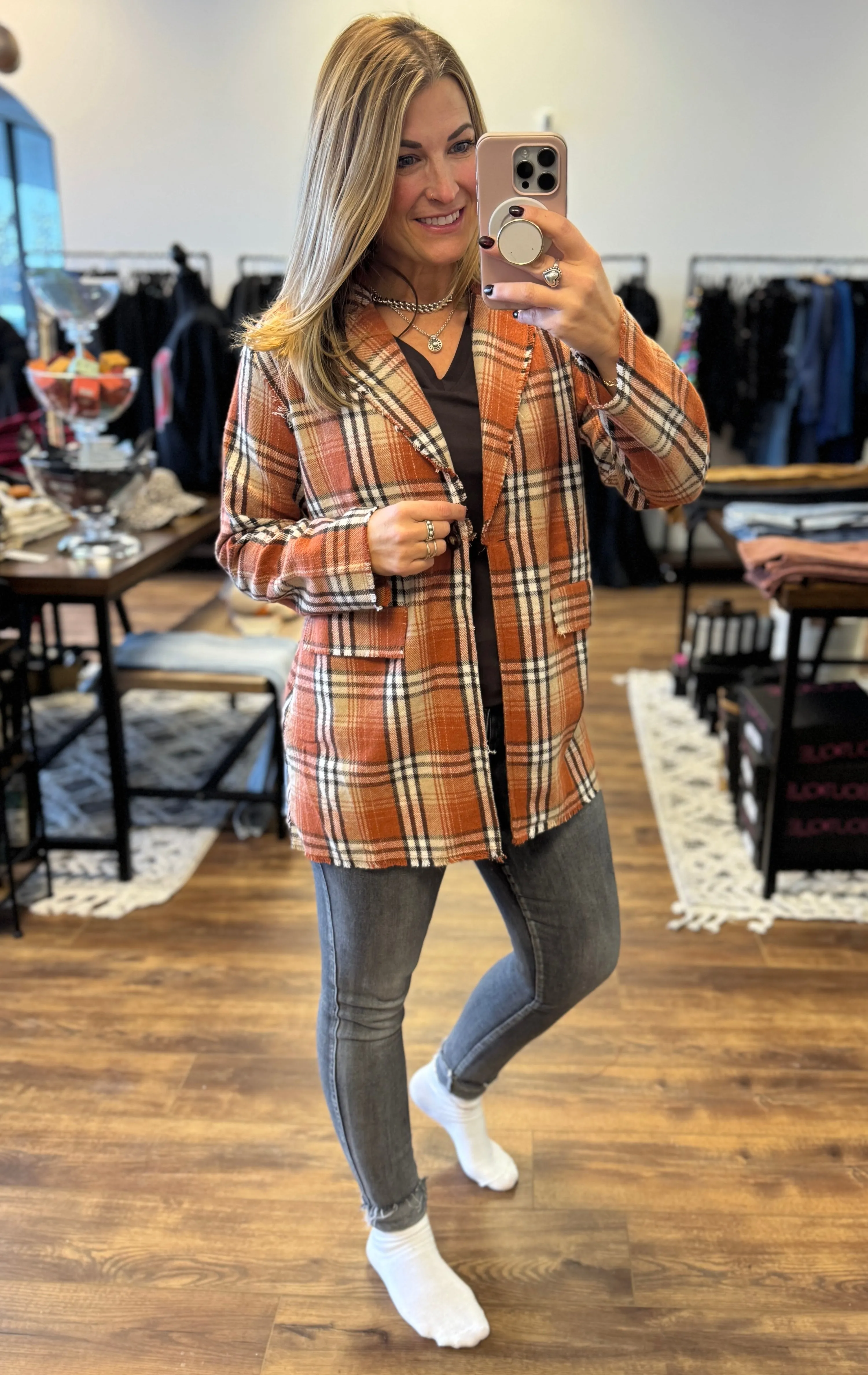 Pull It Together Plaid Blazer - Rust Plaid