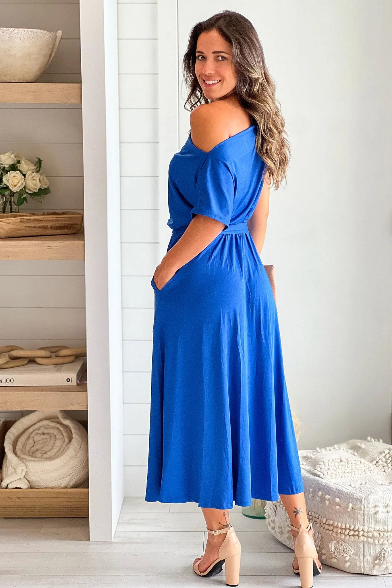 Royal Blue One Shoulder Midi Dress With Tie Waist