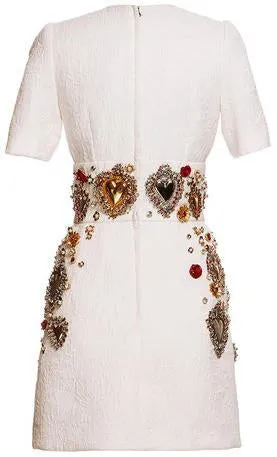 'Sacred Heart' Embellished Short Sleeve Brocade Dress - White