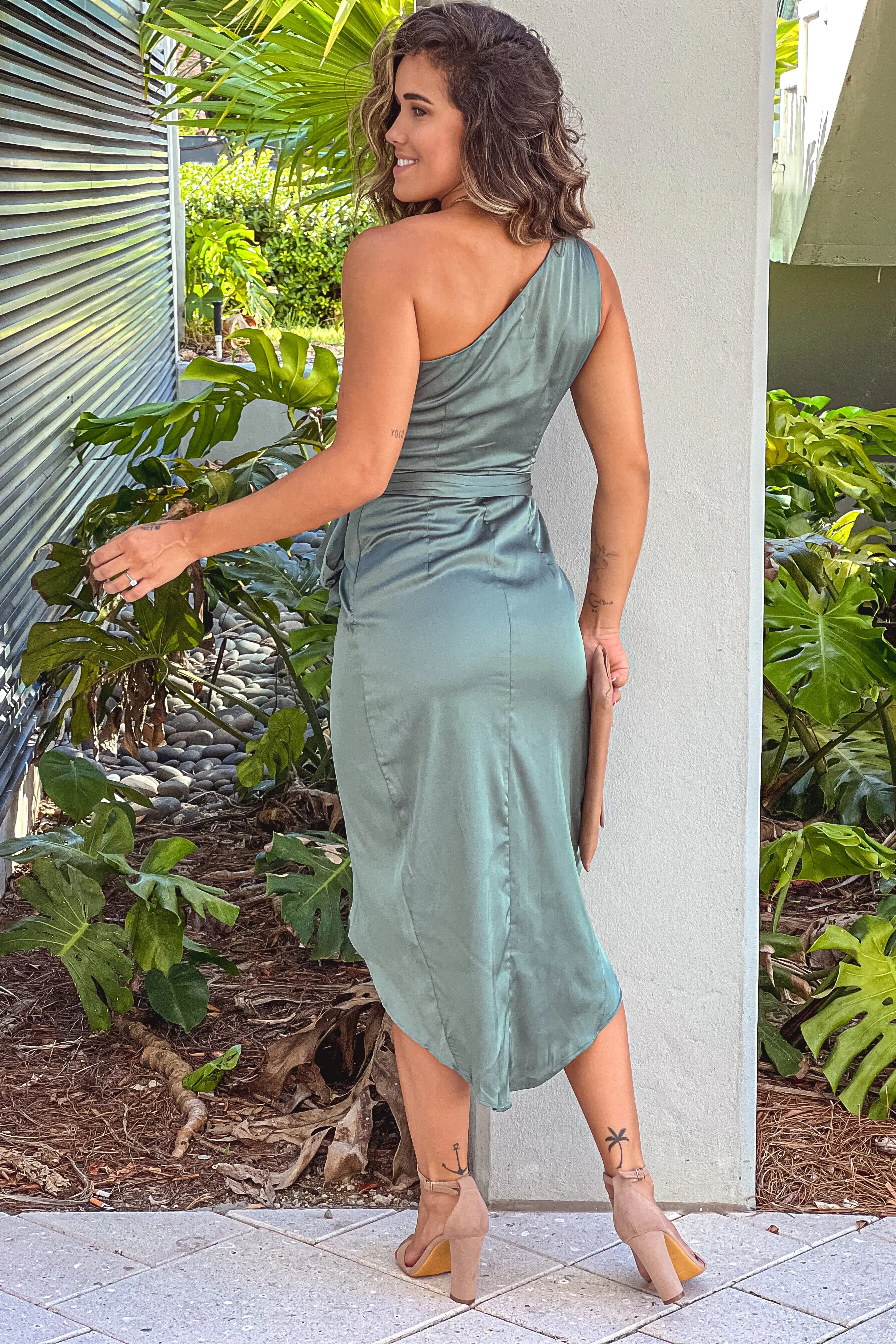 Sage One Shoulder Satin Midi Dress With Tie