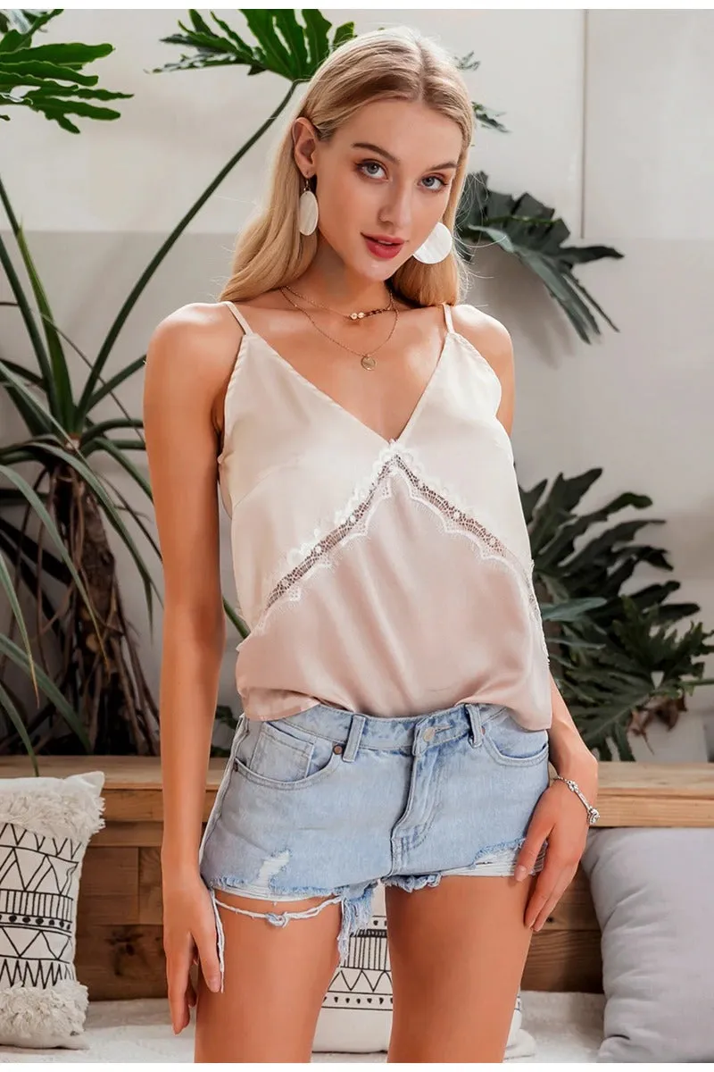 Sexy Solid Patchwork Lace Satin Elegant Casual Tops Spaghetti Strap Holiday Tank Tops