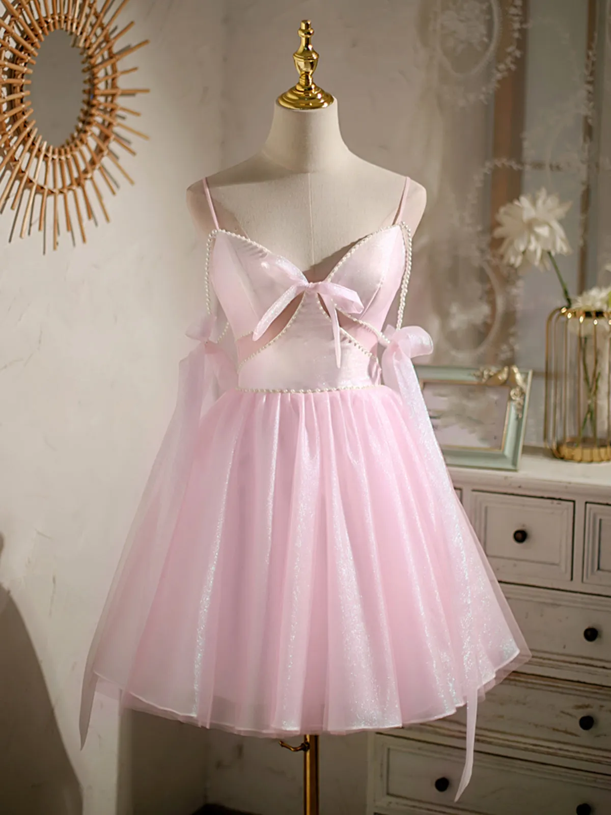 Short Pink Beaded Prom Dresses, Short Pink Beaded Formal Homecoming Dresses