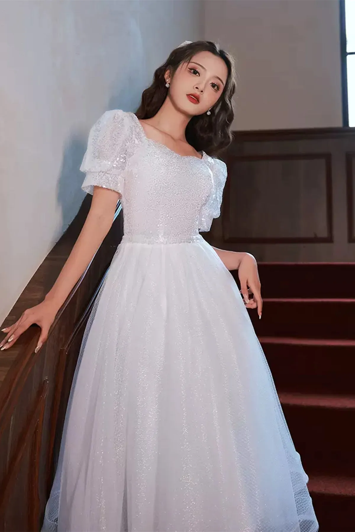 Short Sleeves Shiny Tulle White Prom Dresses, Shiny White Homecoming Dresses, Short White Formal Graduation Evening Dresses WT1002