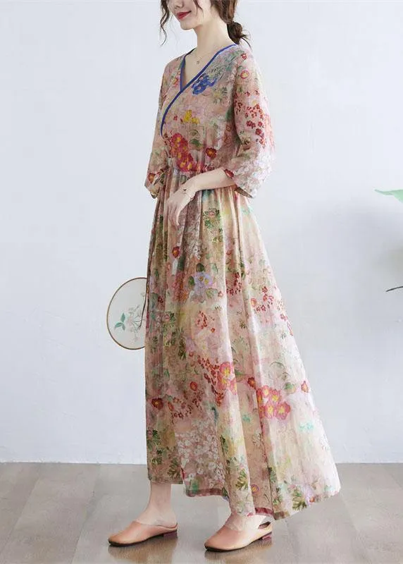 Simple Print V Neck Floral Summer Tie Waist Long Dresses Half Sleeve