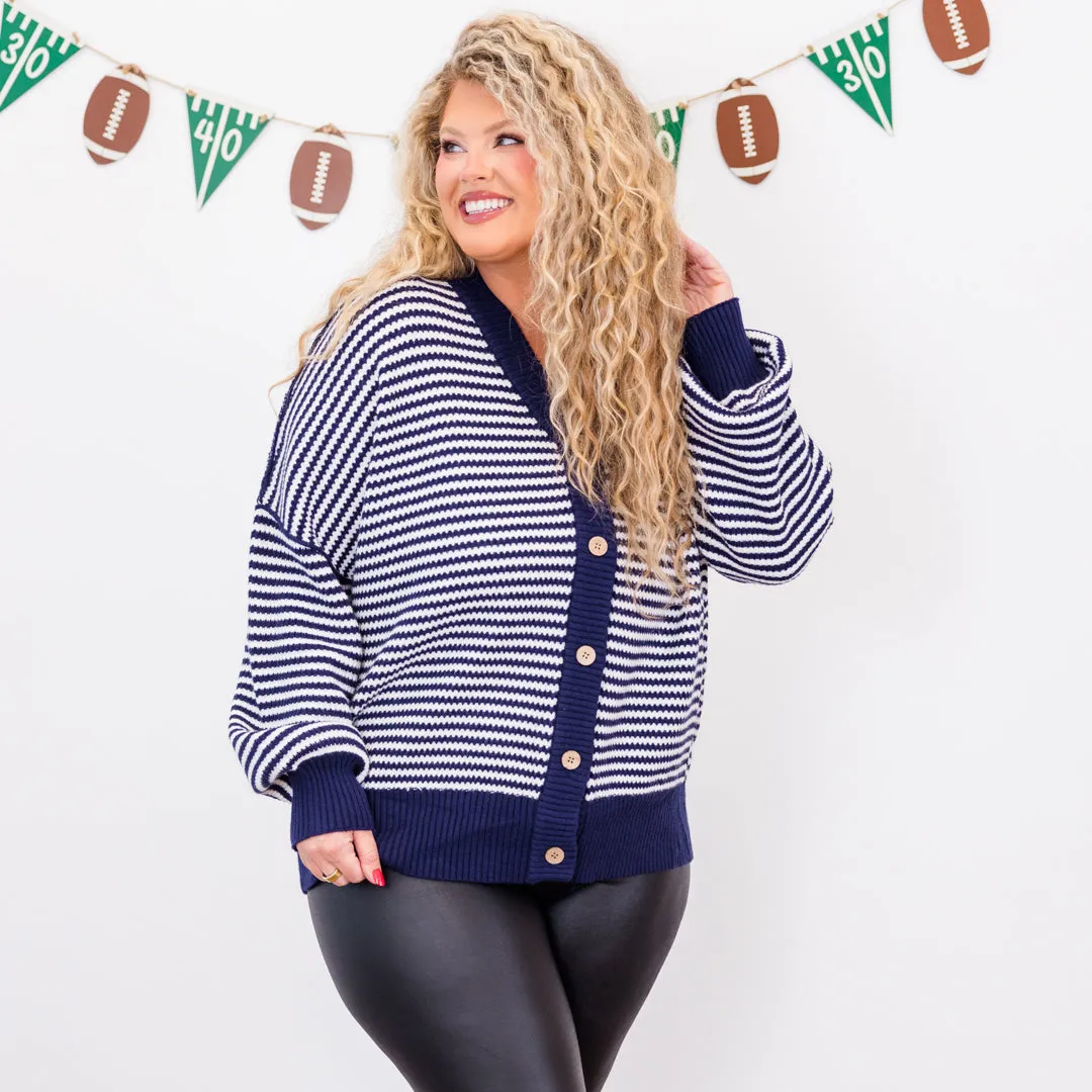 Snuggly Stripe Button-Up Sweater, Navy-Ivory